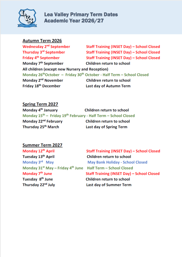 Lea Valley Term Dates